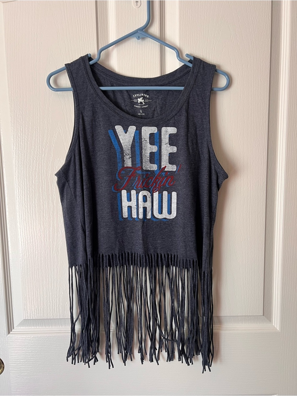 Idyllwind Dark Gray Fringe Tank with Red, White & Blue 'Yee Haw' Graphic